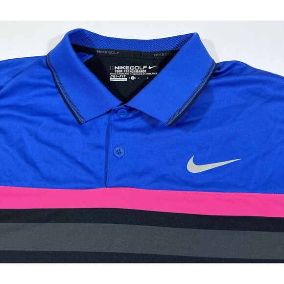 Nike Golf Tour Performance Dri-Fit Polo Shirt Bue Pink Stripe Men's Large - Picture 6 of 8